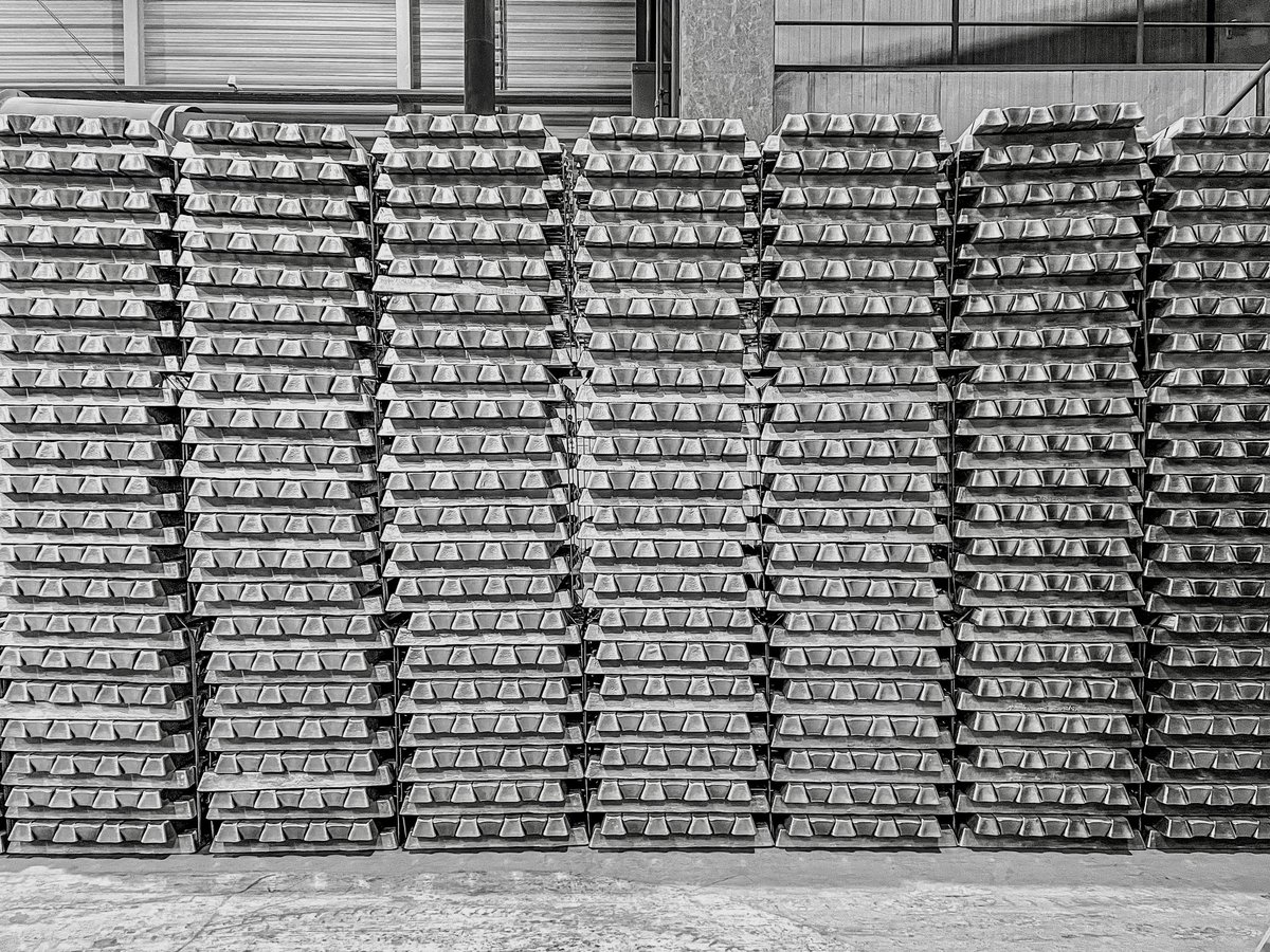 Aluminum ingots stacked and ready for processing